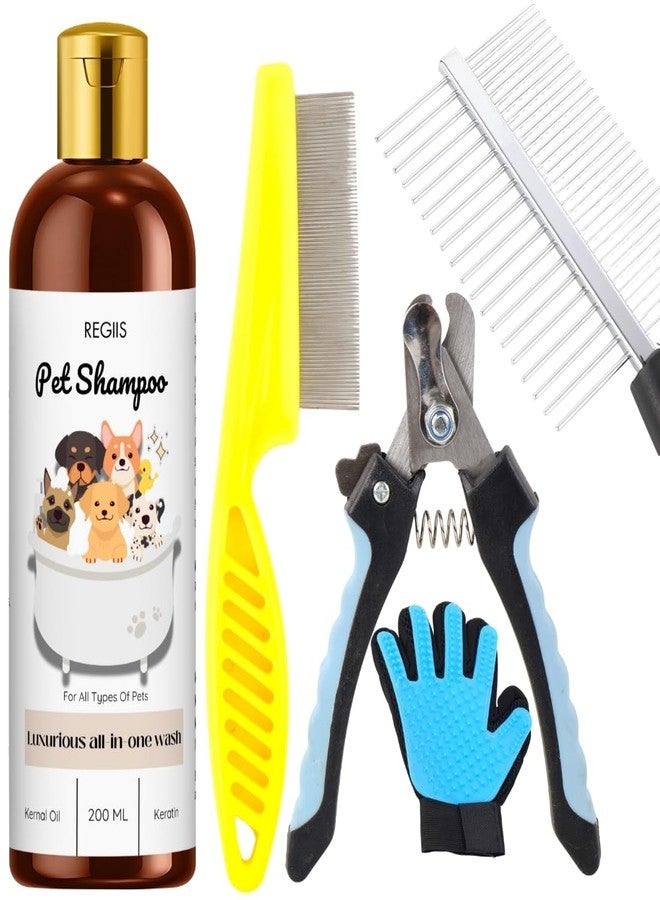 REGIIS Pet Grooming Kit, 5-Piece Set with Dog Shampoo, Metal Comb, Nail Clipper, Deshedding Glove, Detangling Brush for All Types of Pets, 200 ML - Image 1